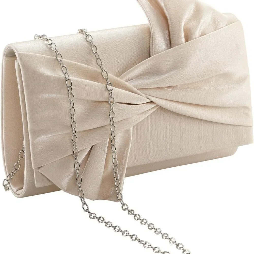 Satin Clutch Evening Bag for Women Wedding Party Magnetic Closure Nude